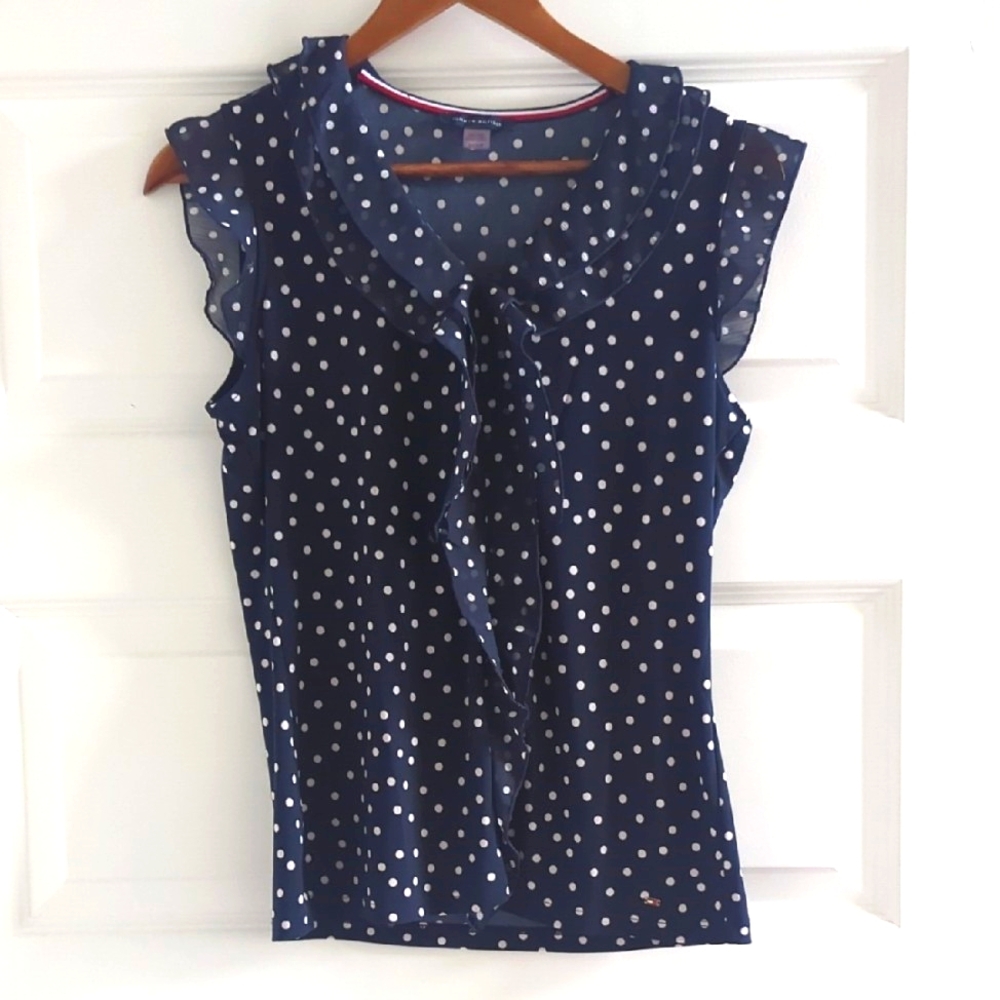 Navy Polka Dot Sleeveless Blouse